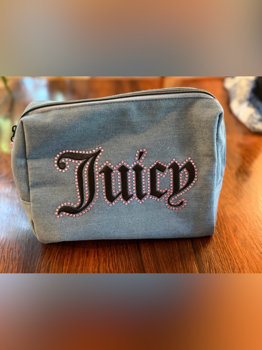 Juicy Couture Denim Blue Cosmetic Pouch with embroidered and Pink Crystal Logo